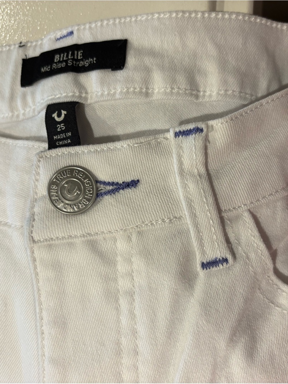 True Religion Billie mid Rise Straight Jeans in White with Blue Stitching